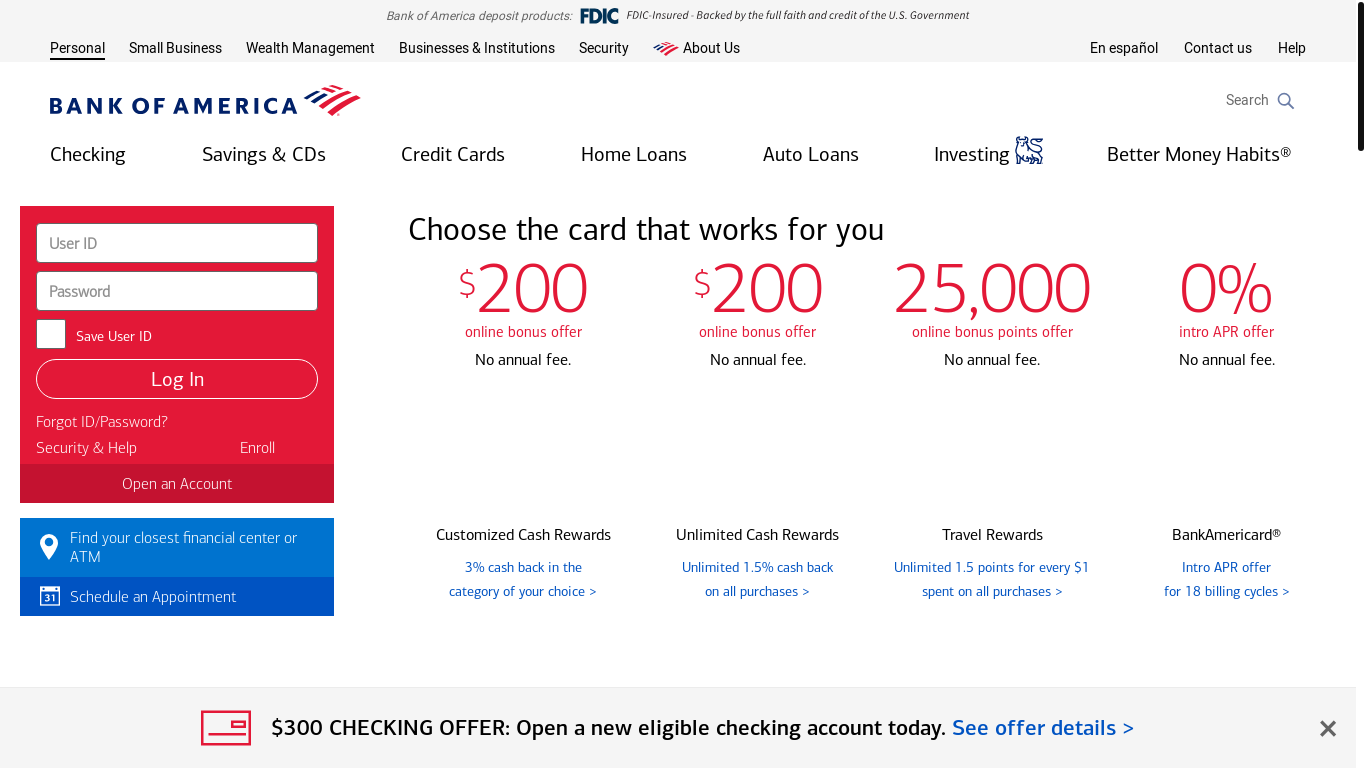 website screenshot of https://www.bankofamerica.com/