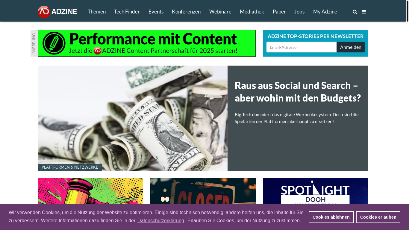 website screenshot of https://www.adzine.de/