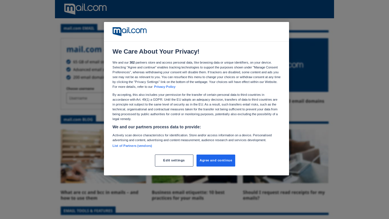 website screenshot of https://mail.com/