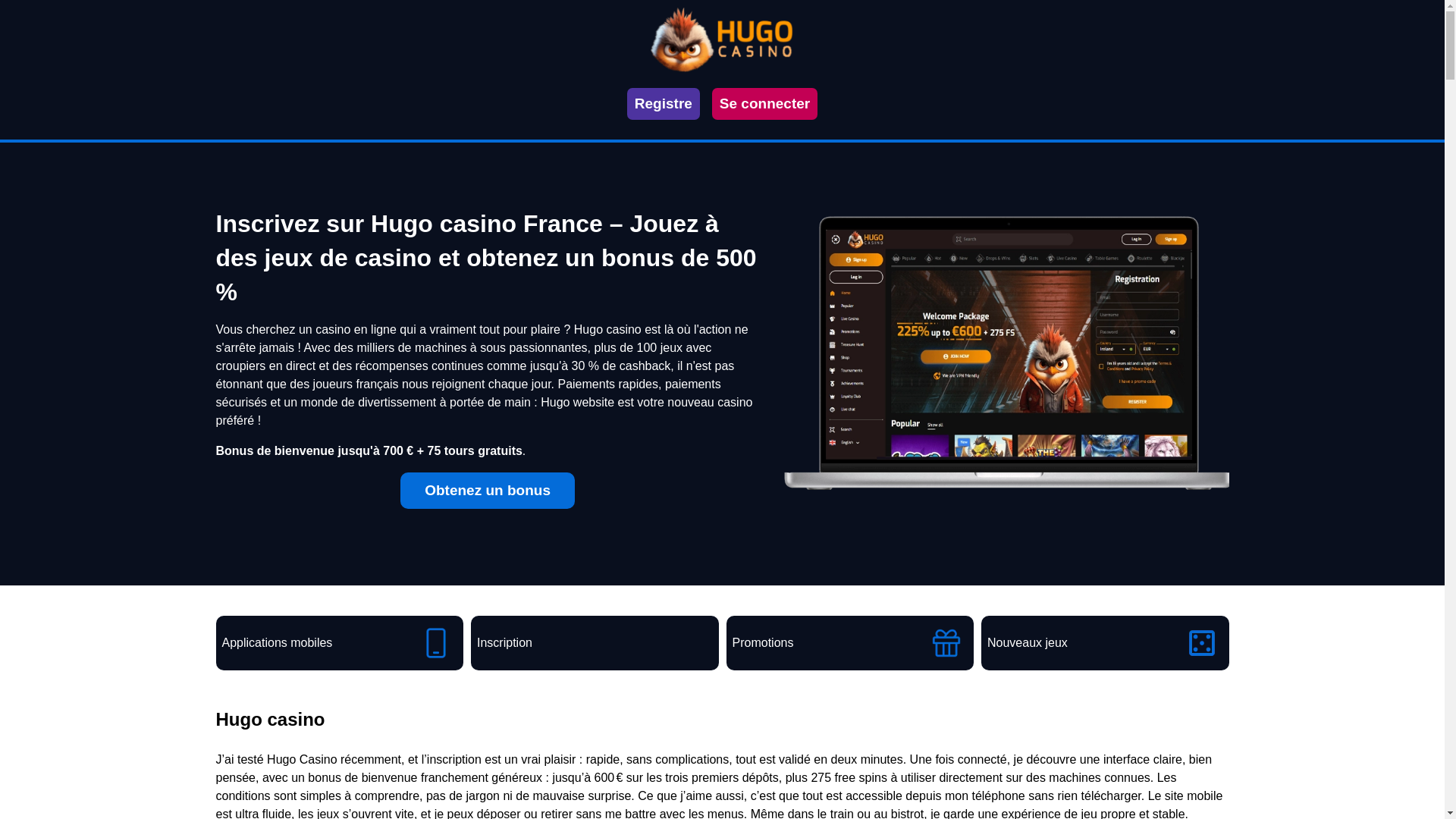website screenshot of https://casinohugo.fr/