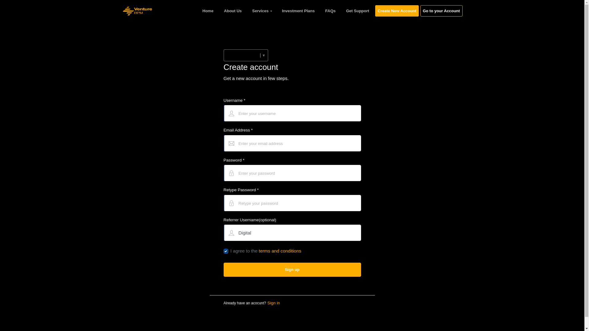 website screenshot of https://venture-rpm.com/signup.php?ref=Digital
