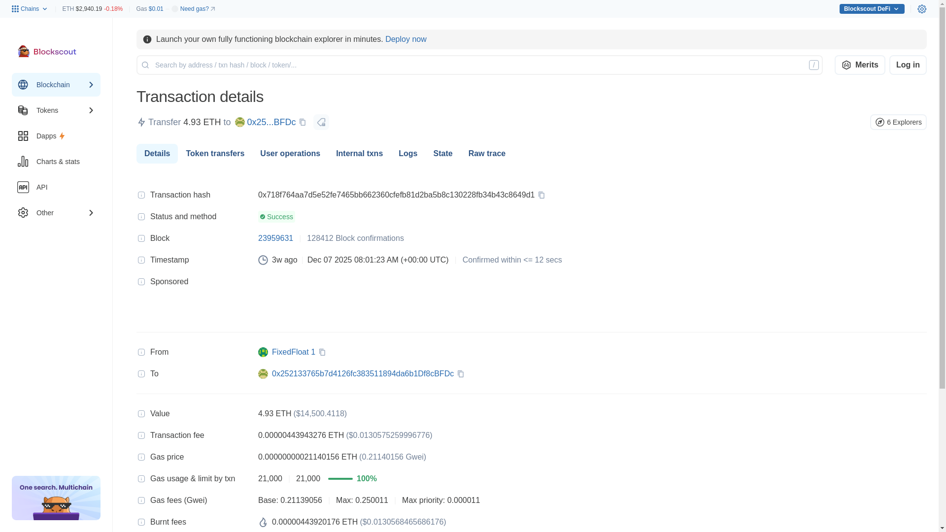 website screenshot of https://eth.blockscout.com/tx/0x718f764aa7d5e52fe7465bb662360cfefb81d2ba5b8c130228fb34b43c8649d1