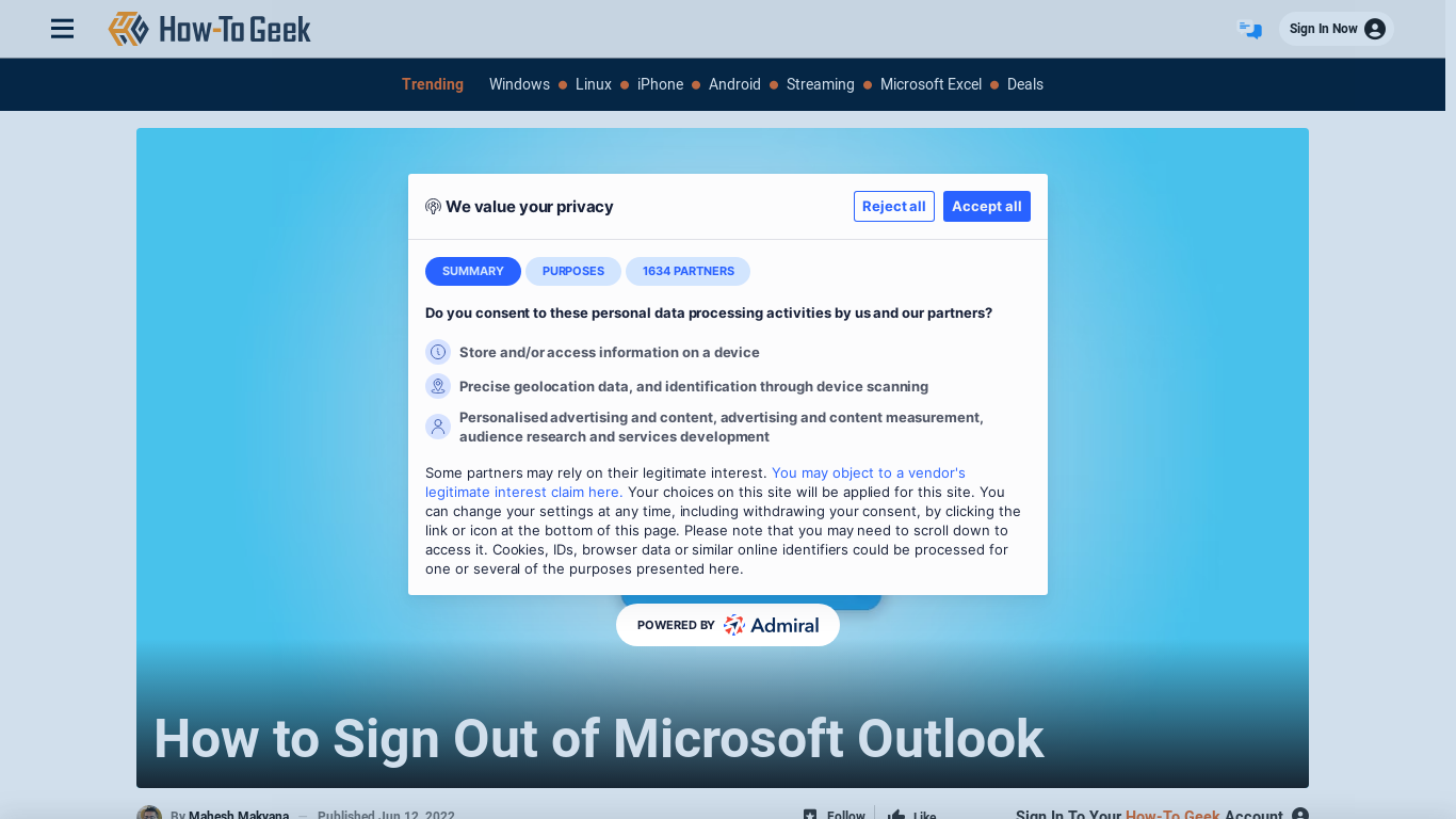 website screenshot of https://www.howtogeek.com/806565/how-to-sign-out-of-outlook/?ssp=1&setlang=en-GB&safesearch=moderate