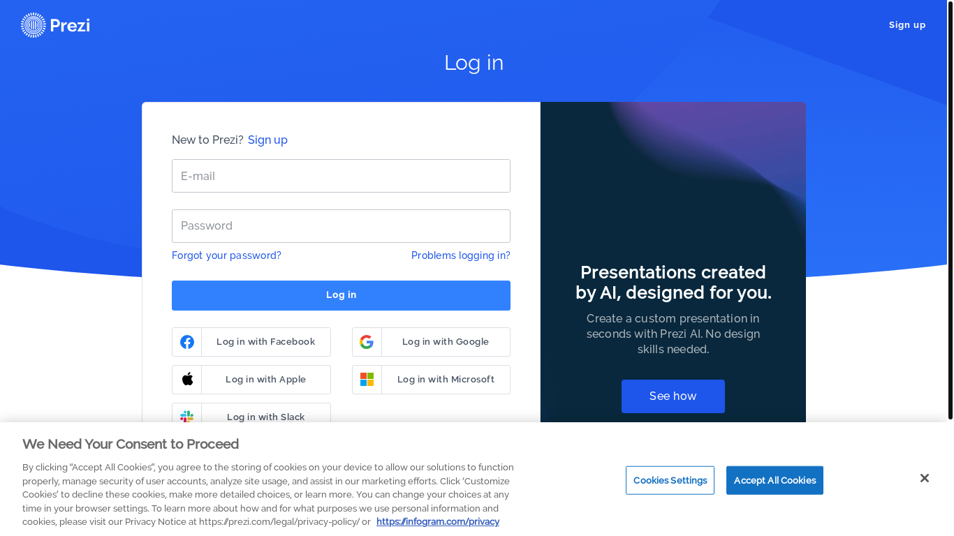 website screenshot of https://prezi.com/login/