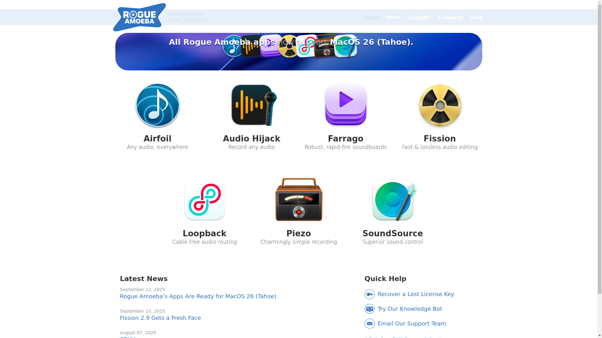 website screenshot of https://rogueamoeba.net