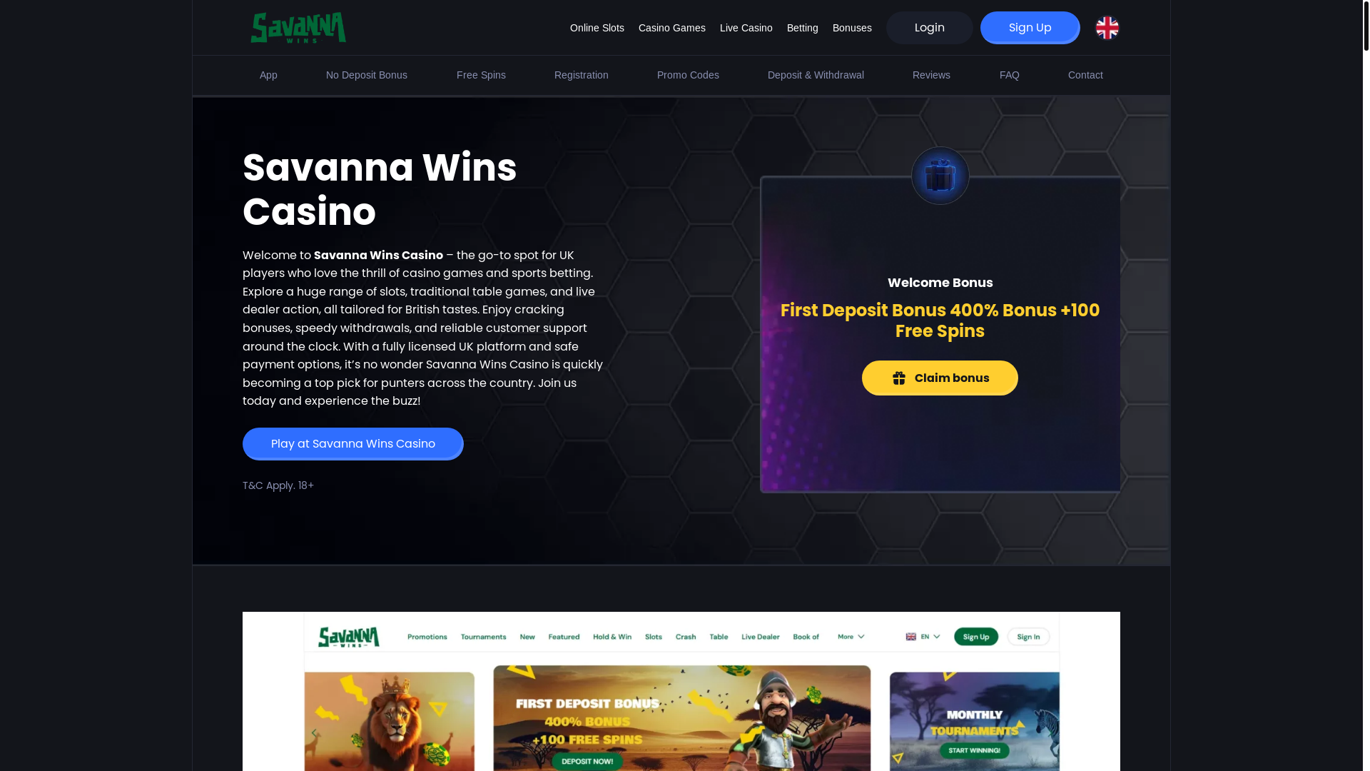 website screenshot of https://savanna-wins-casino.co.uk/