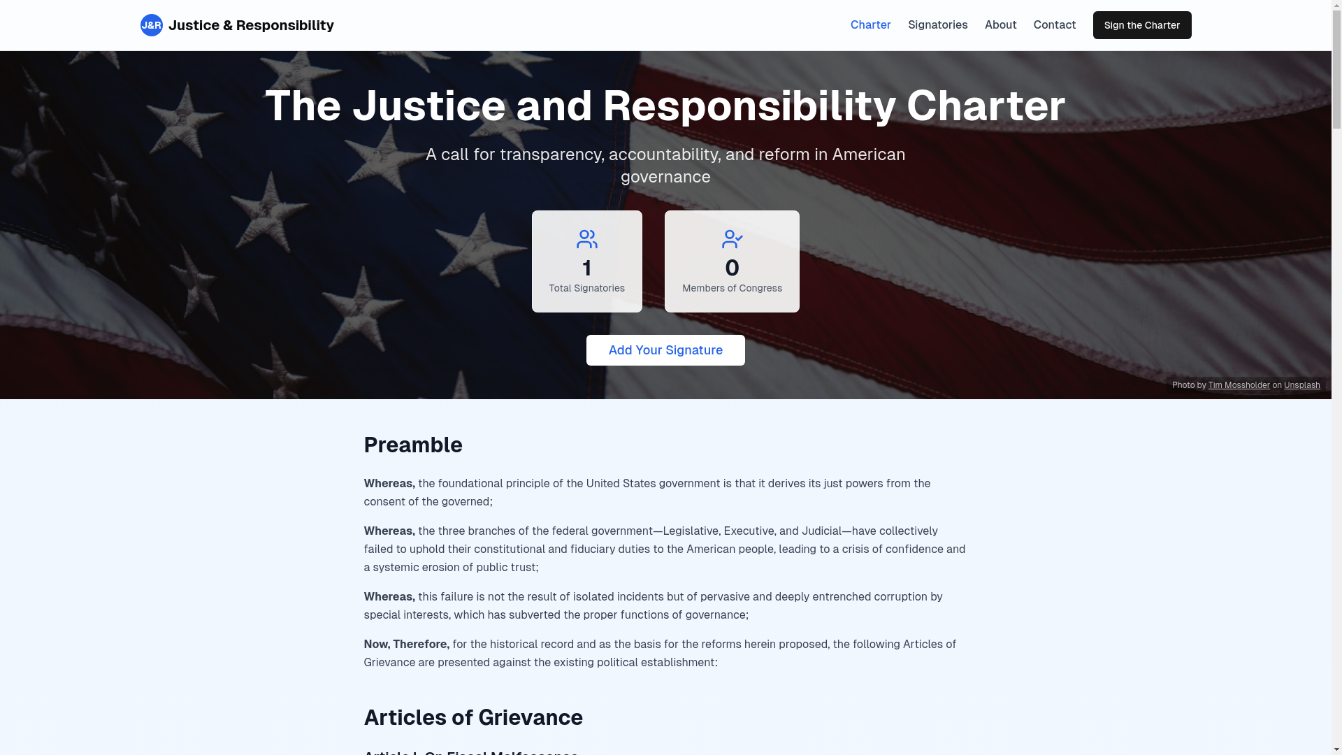 website screenshot of https://justice-and-responsibility.org/