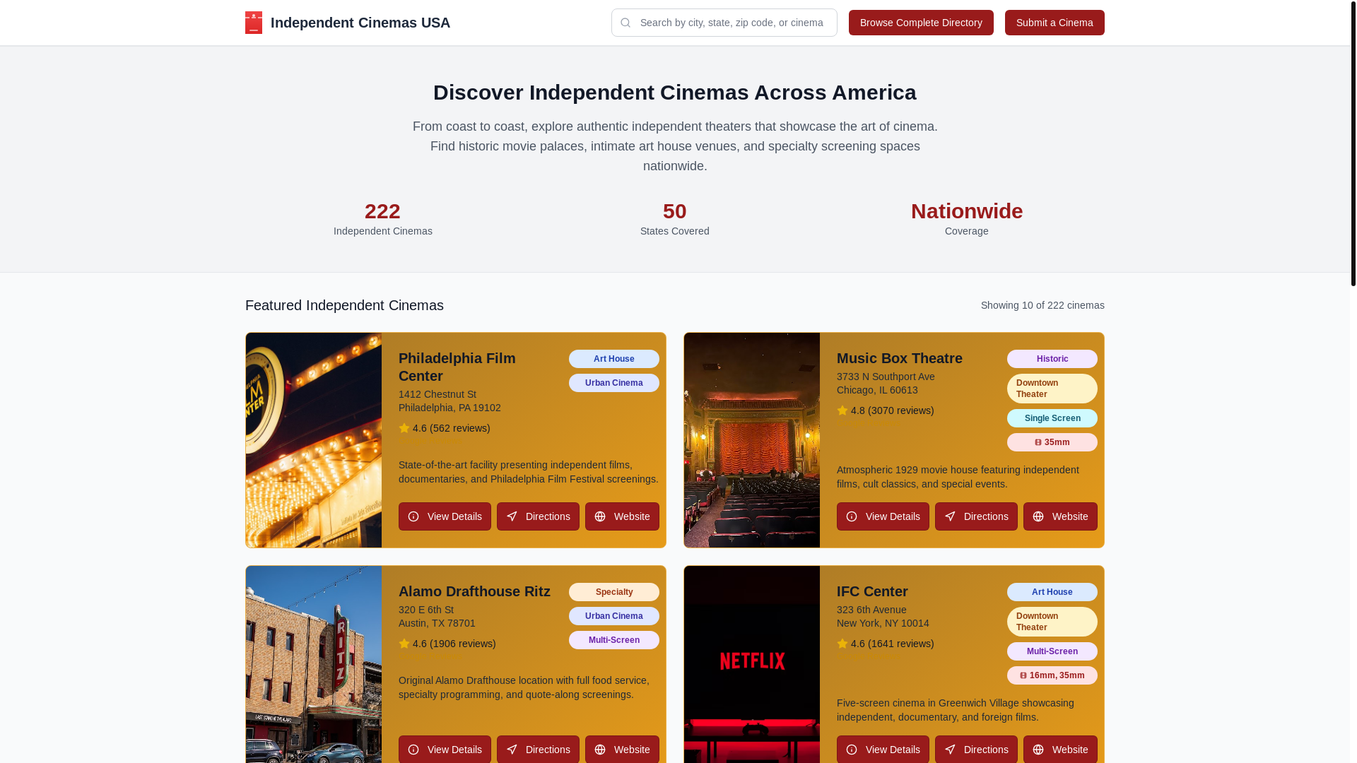 website screenshot of https://independentcinemasusa.com/