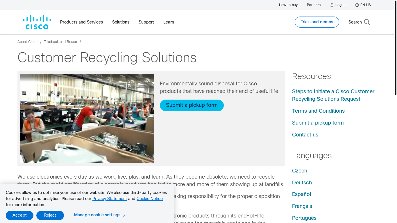 website screenshot of https://www.cisco.com/c/en/us/about/takeback-and-reuse/takeback-recycle-program.html