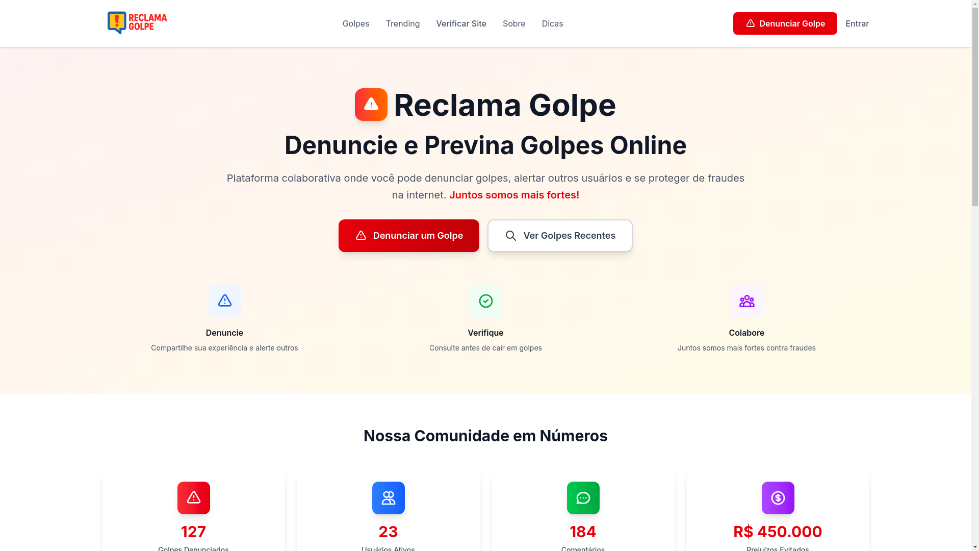 website screenshot of https://reclamagolpe.com.br/