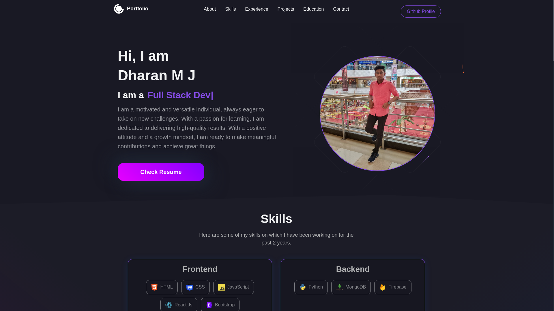 website screenshot of https://dharanportfolio.xyz/