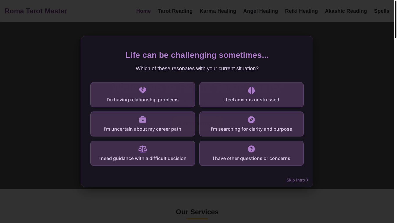 website screenshot of https://romatarotmaster.guru/