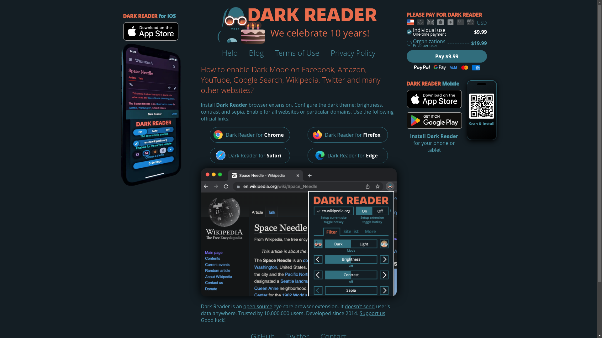 website screenshot of https://darkreader.org