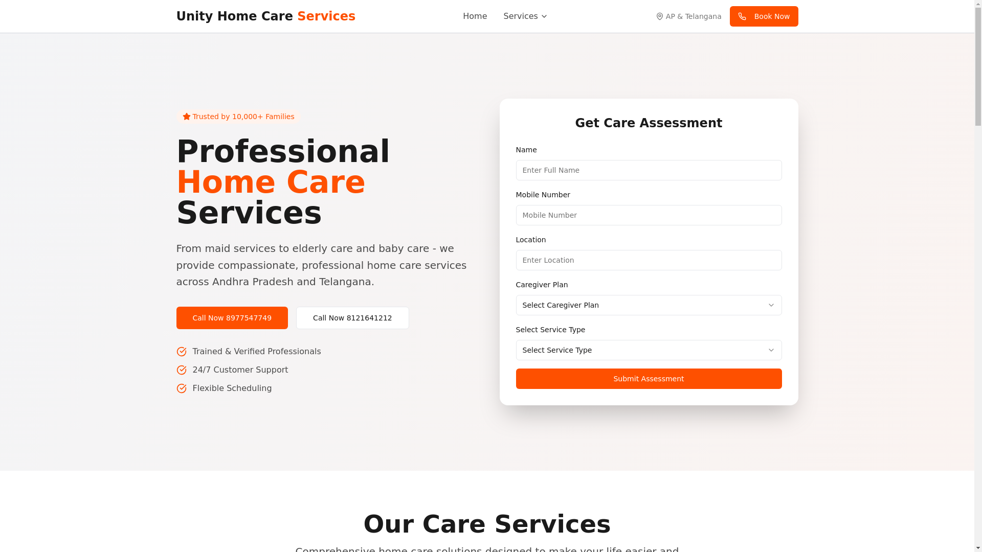 website screenshot of https://unityhomecare.in/