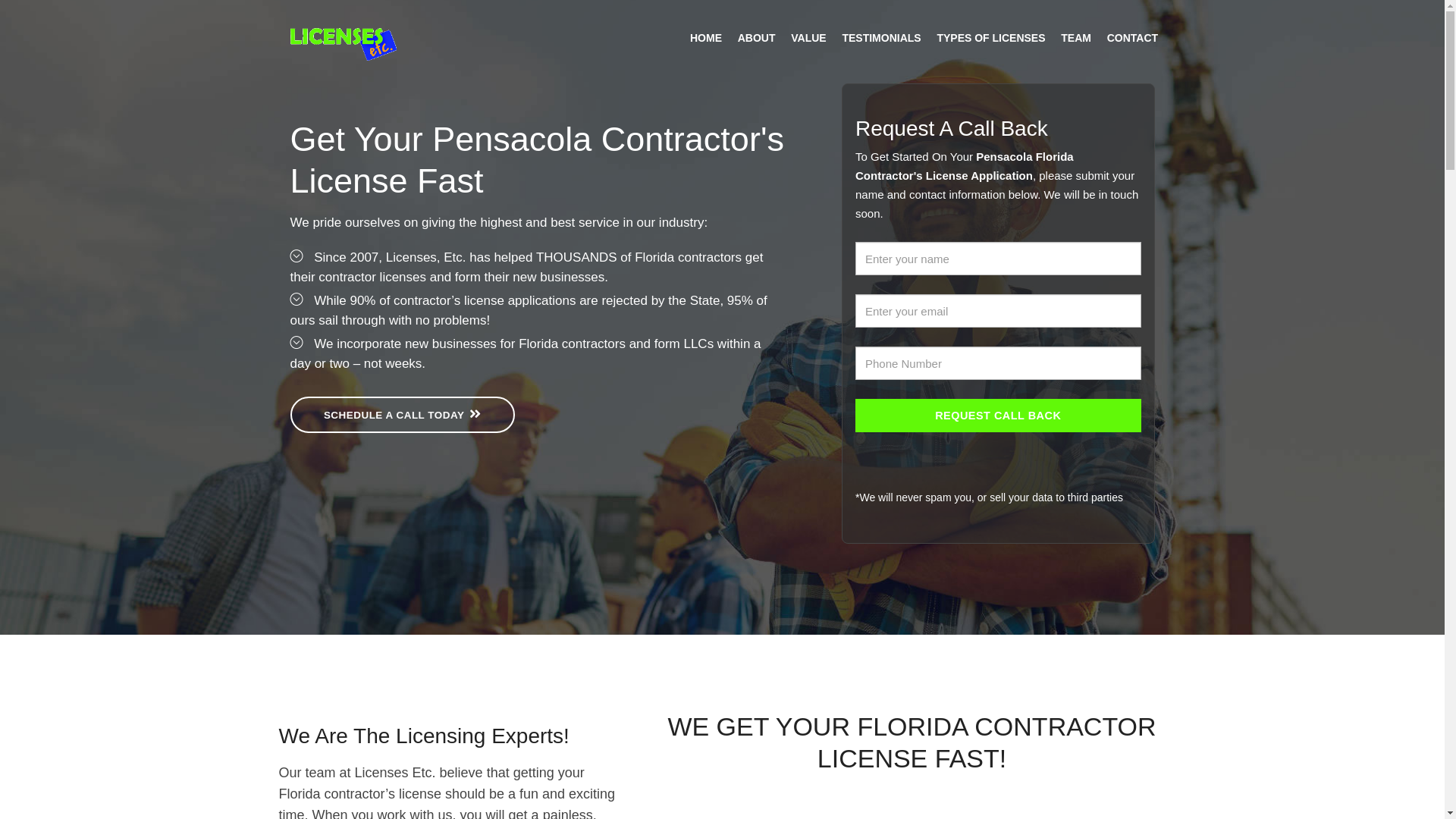 website screenshot of https://pensacolacontractorlicense.com/