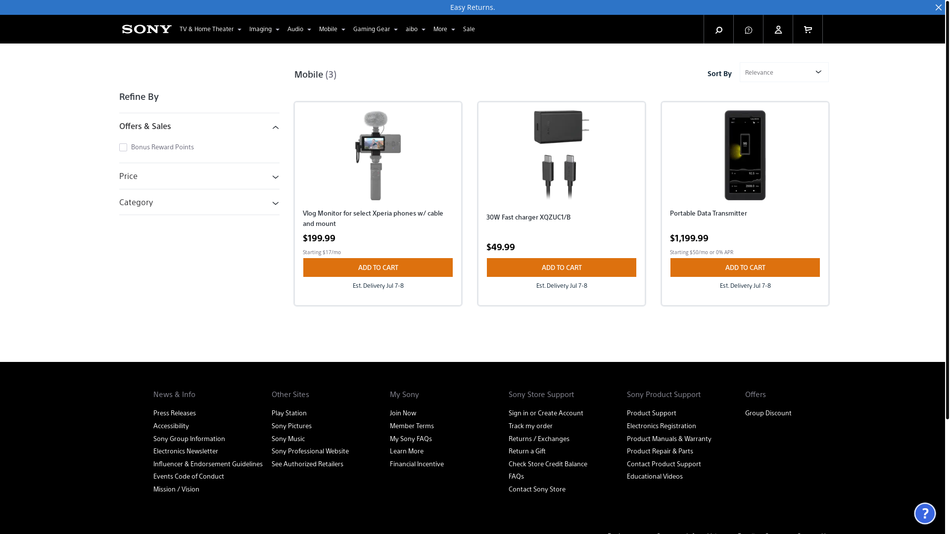 website screenshot of https://sonymobile.com