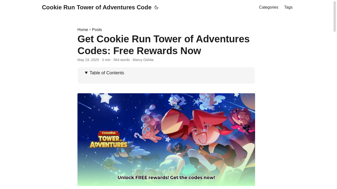 website screenshot of https://cookie-run-tower-of-adventures-code.pages.dev/