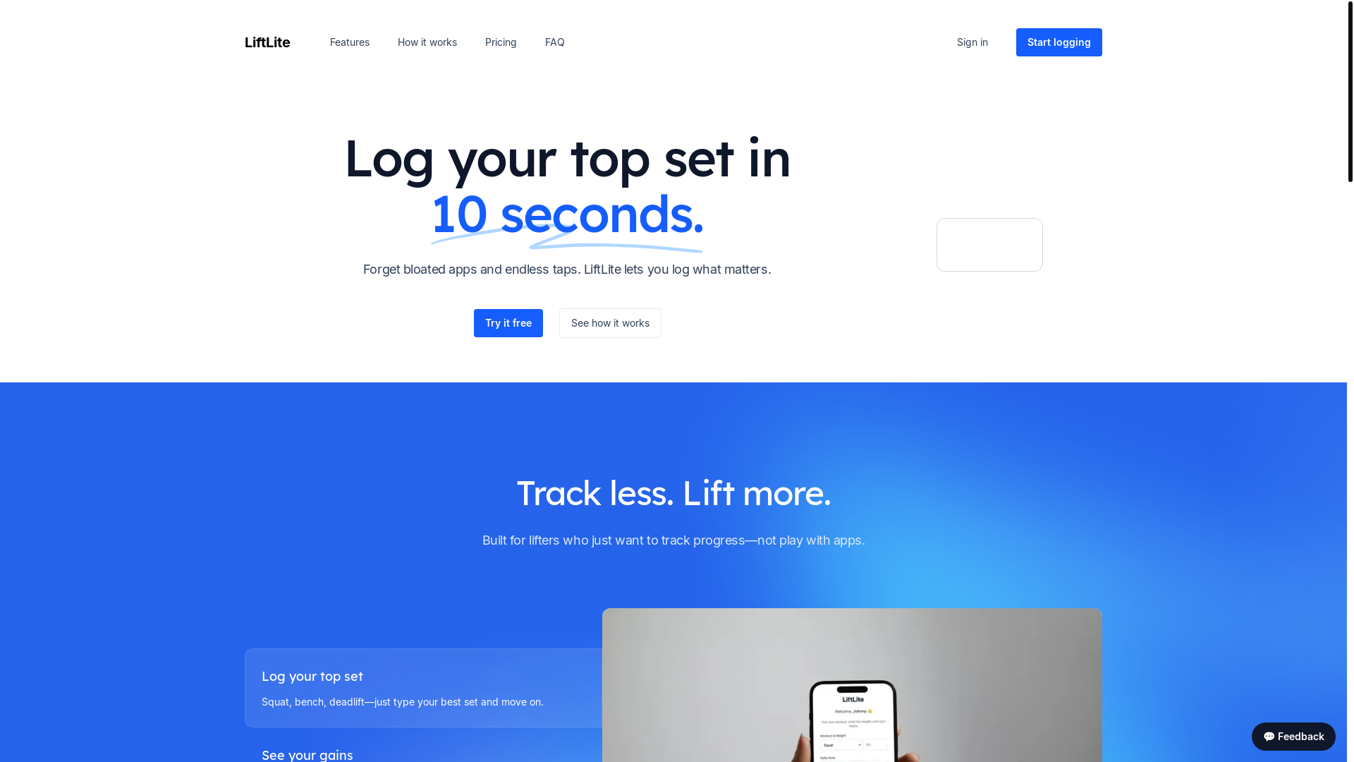 website screenshot of https://liftlite.app/