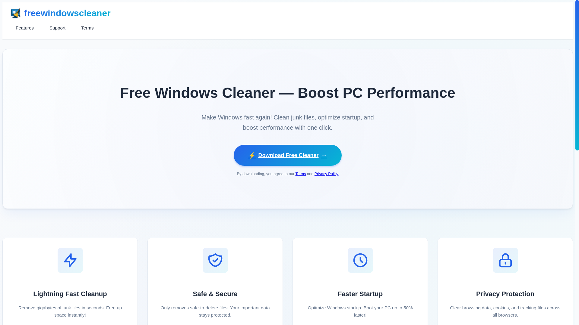 website screenshot of https://freewindowscleaner.com/