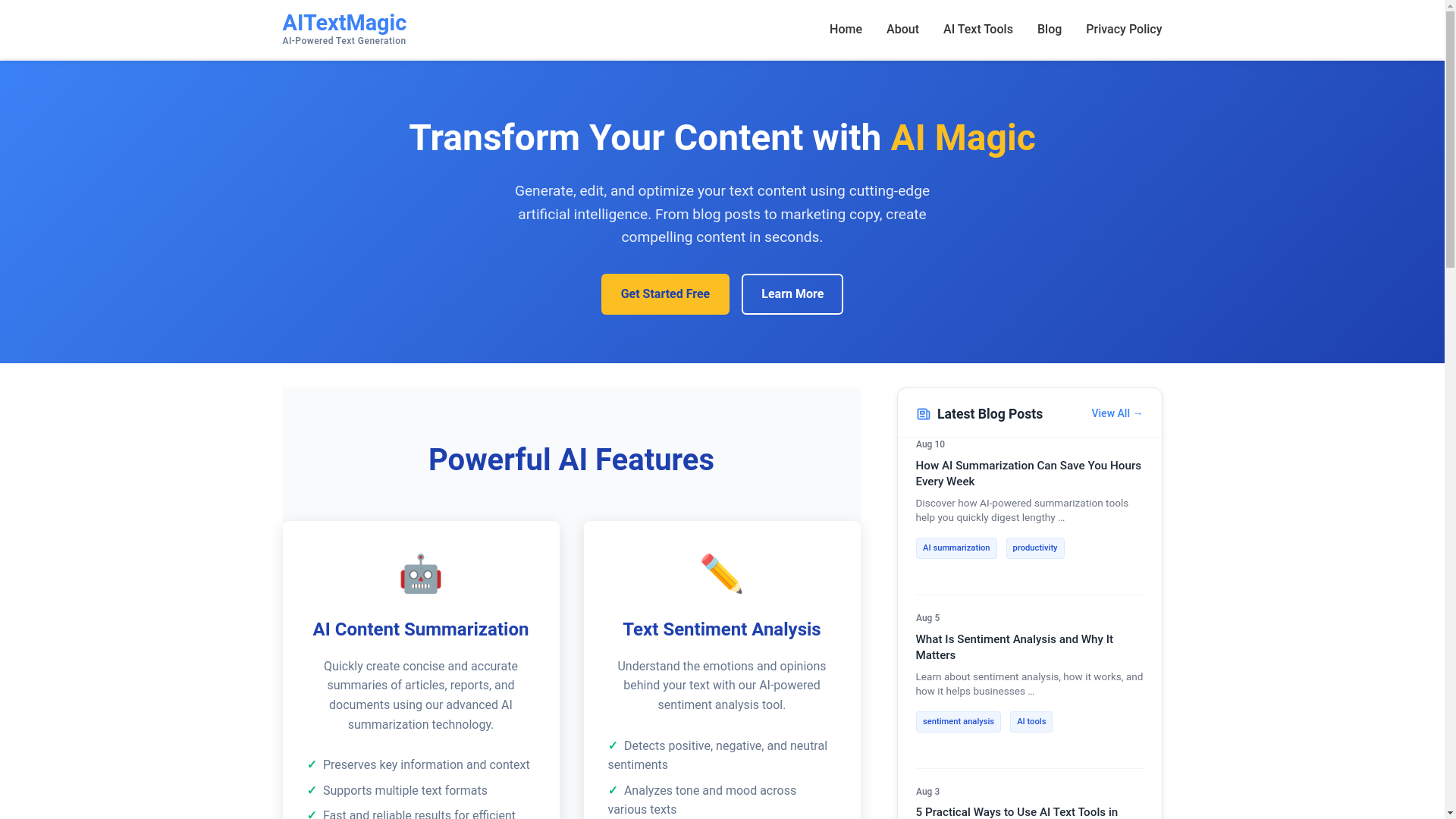 website screenshot of https://aitextmagic.com/