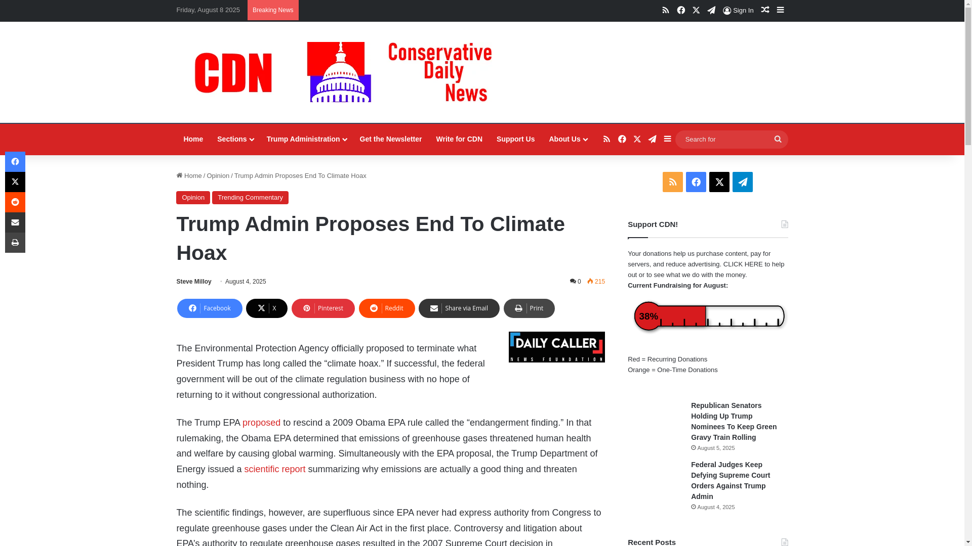 website screenshot of https://conservativedailynews.com/2025/08/trump-admin-proposes-end-to-climate-hoax/