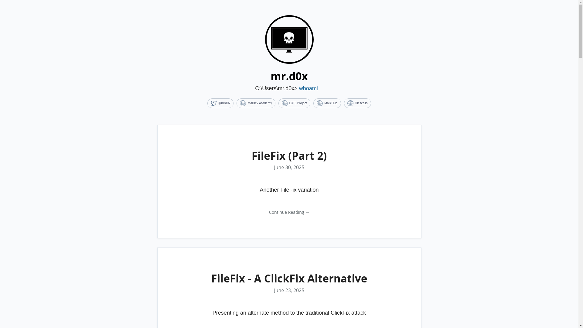 website screenshot of https://mrd0x.com/