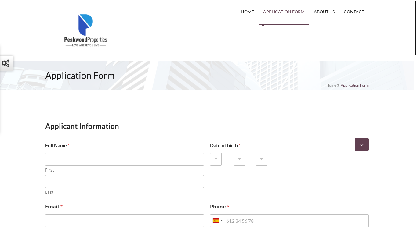 website screenshot of https://peakwoodpmanagement.com/application/