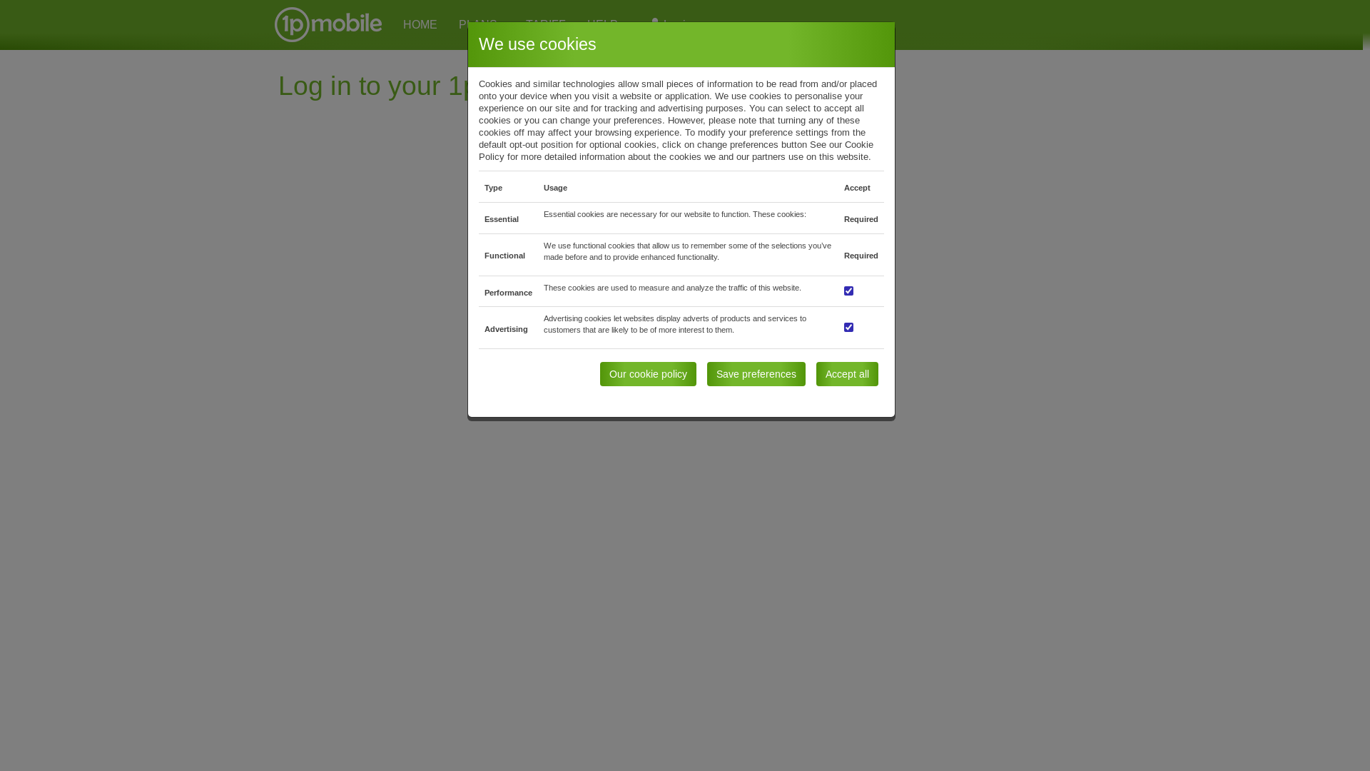 website screenshot of https://www.1pmobile.com/log-in