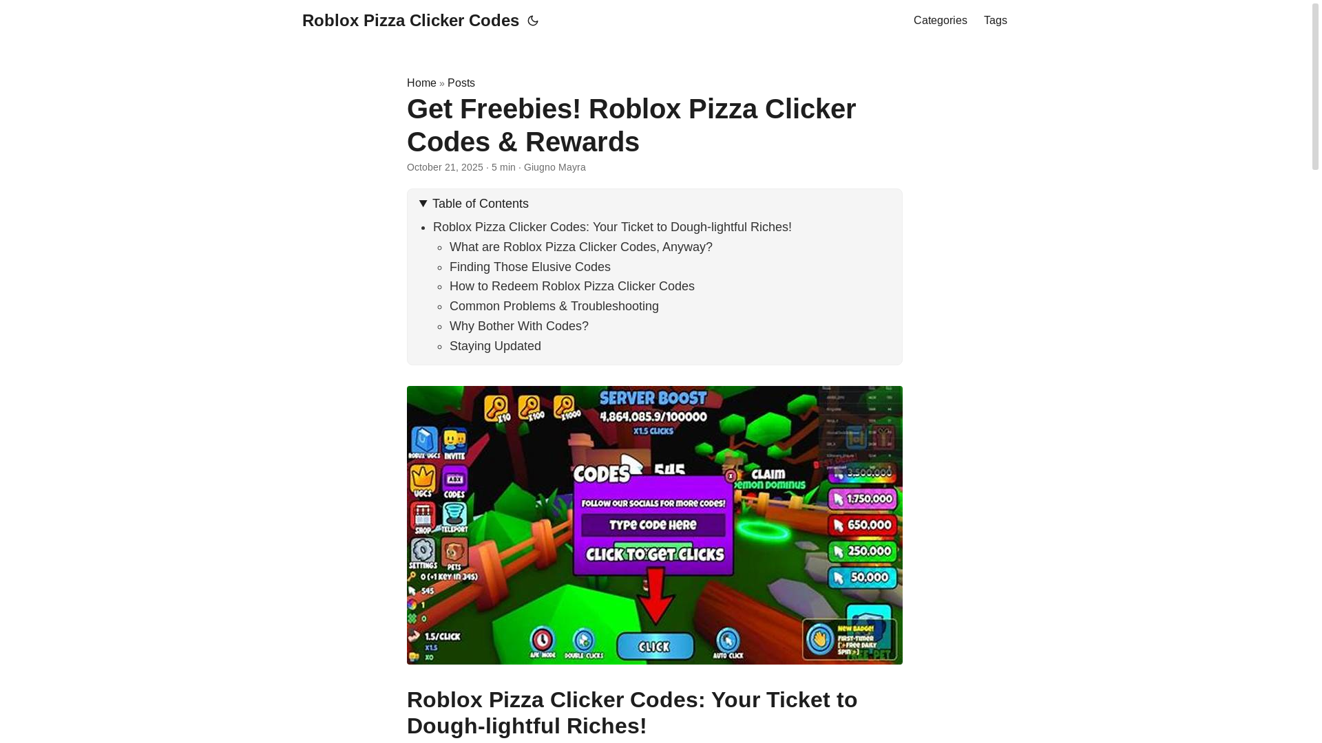 website screenshot of https://roblox-pizza-clicker-codes.pages.dev/