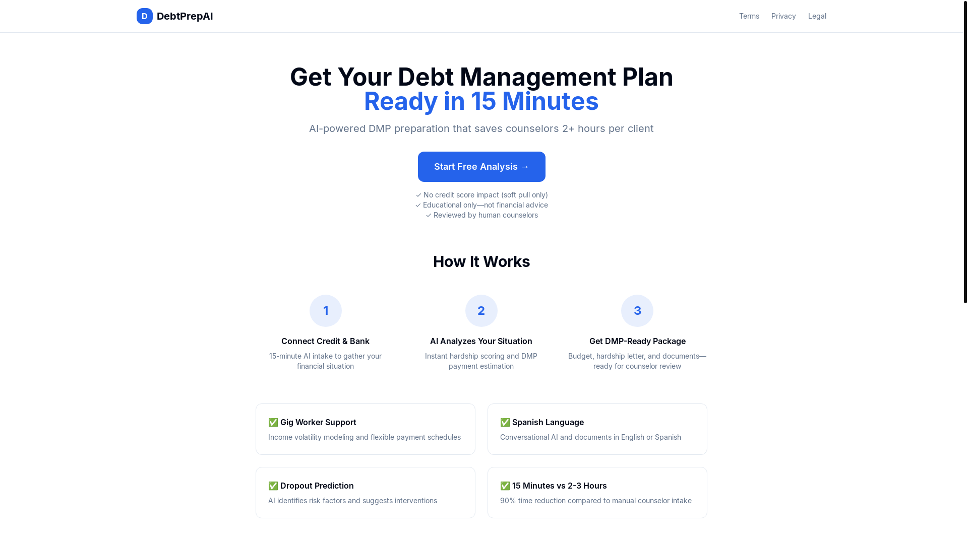website screenshot of https://debtprepai.com/