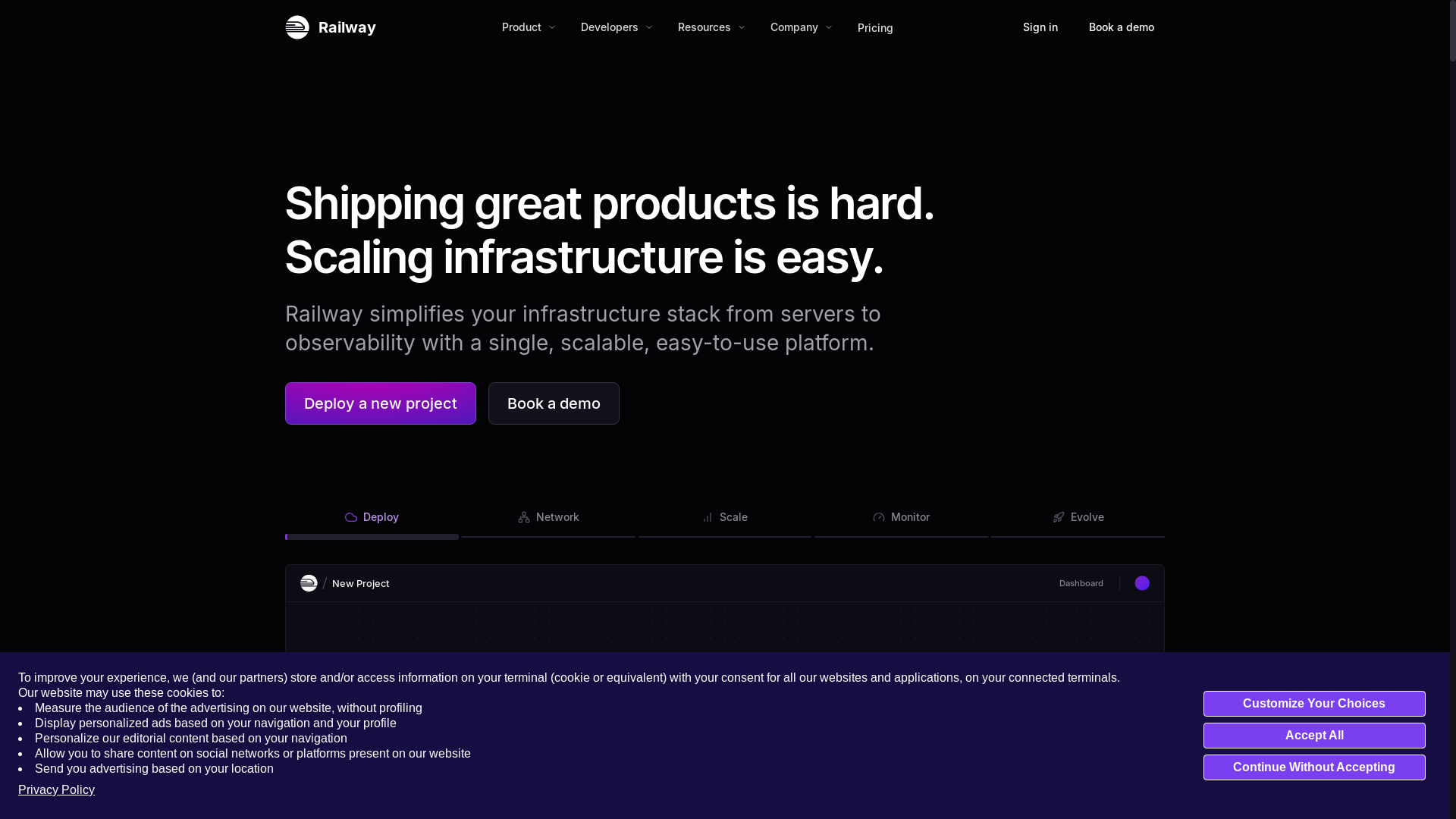 website screenshot of https://railway.app
