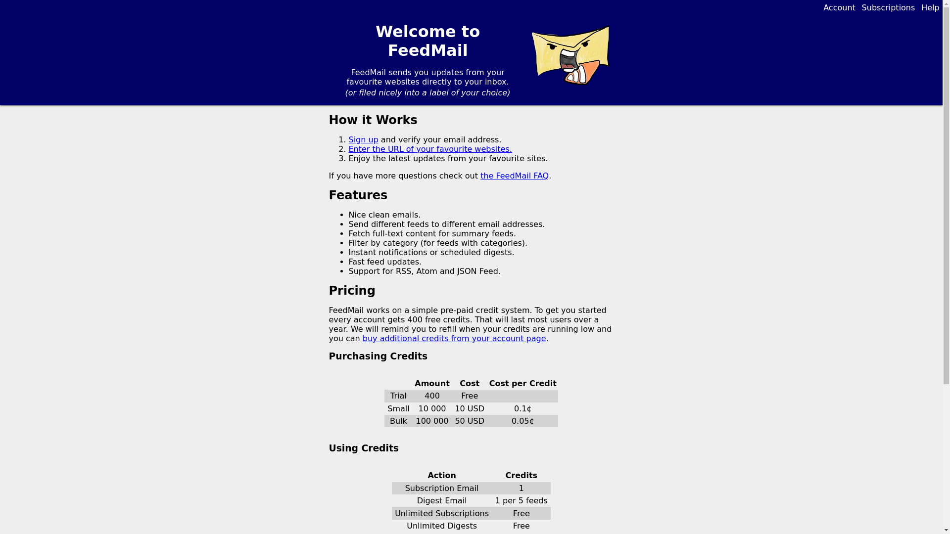 website screenshot of https://feedmail.org/
