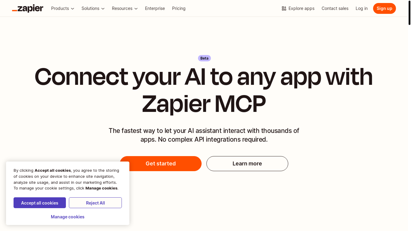website screenshot of https://zapier.com/mcp