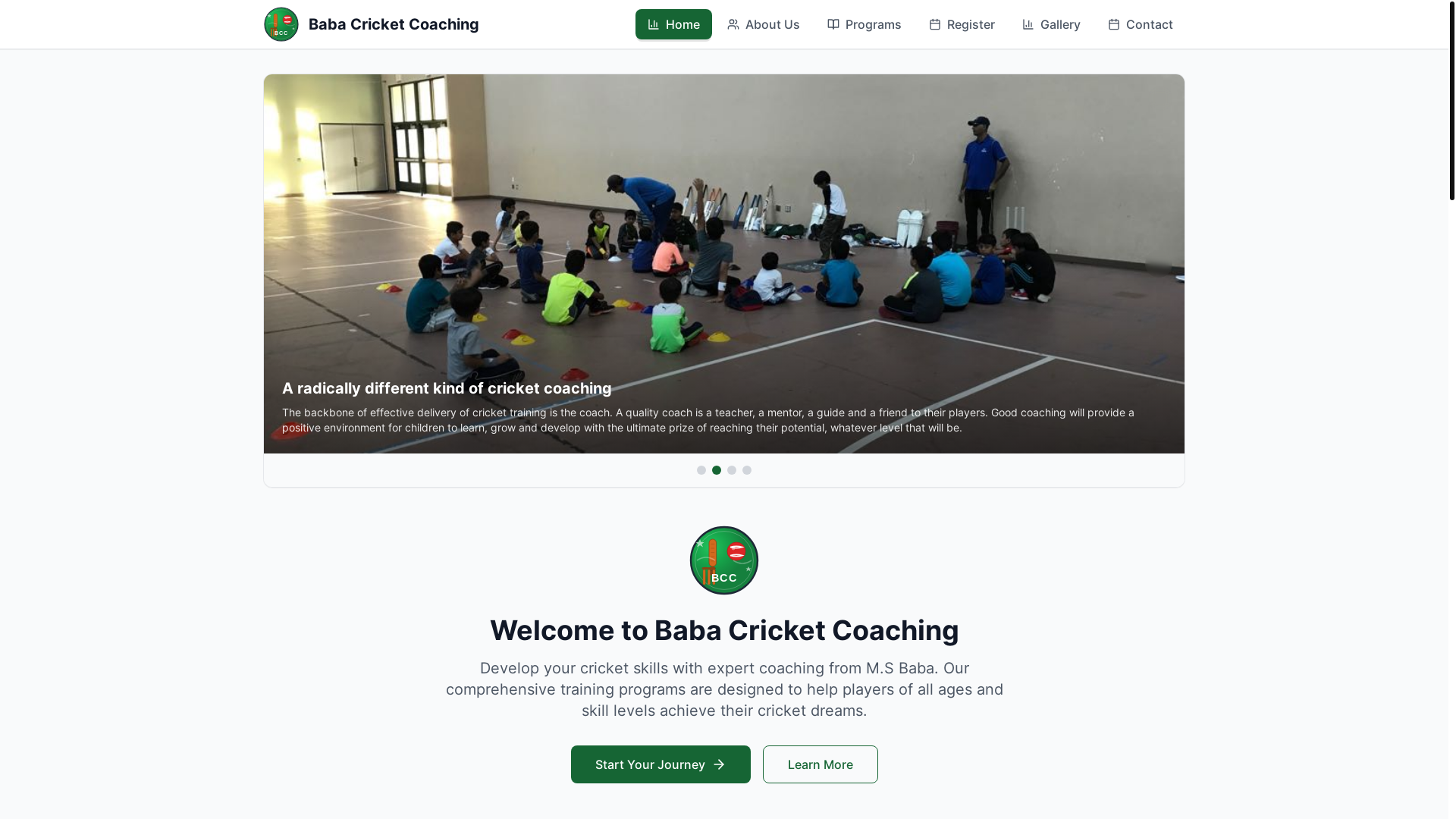 website screenshot of https://babacricketcoaching.com/
