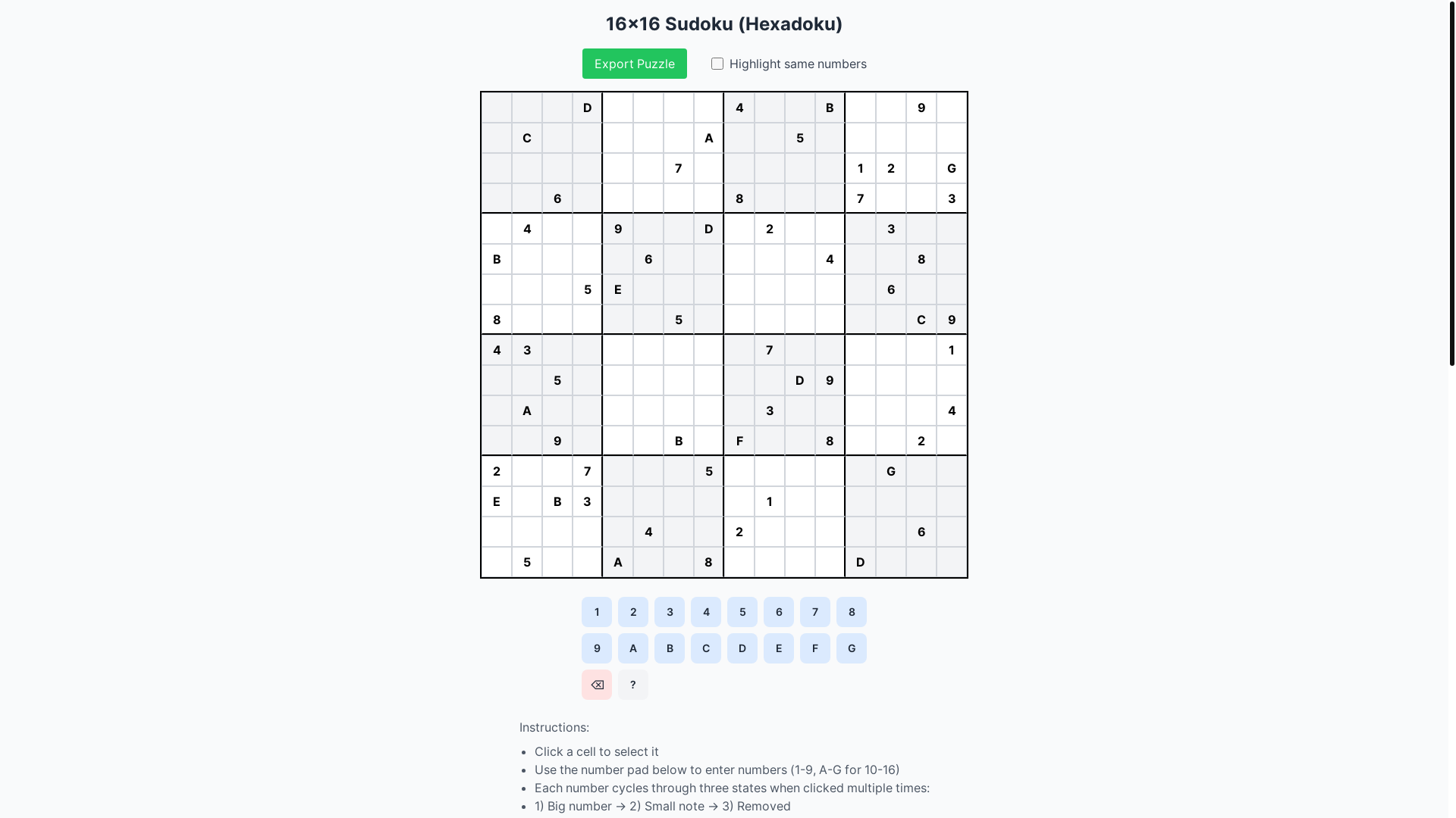 website screenshot of https://hexadoku.pages.dev/