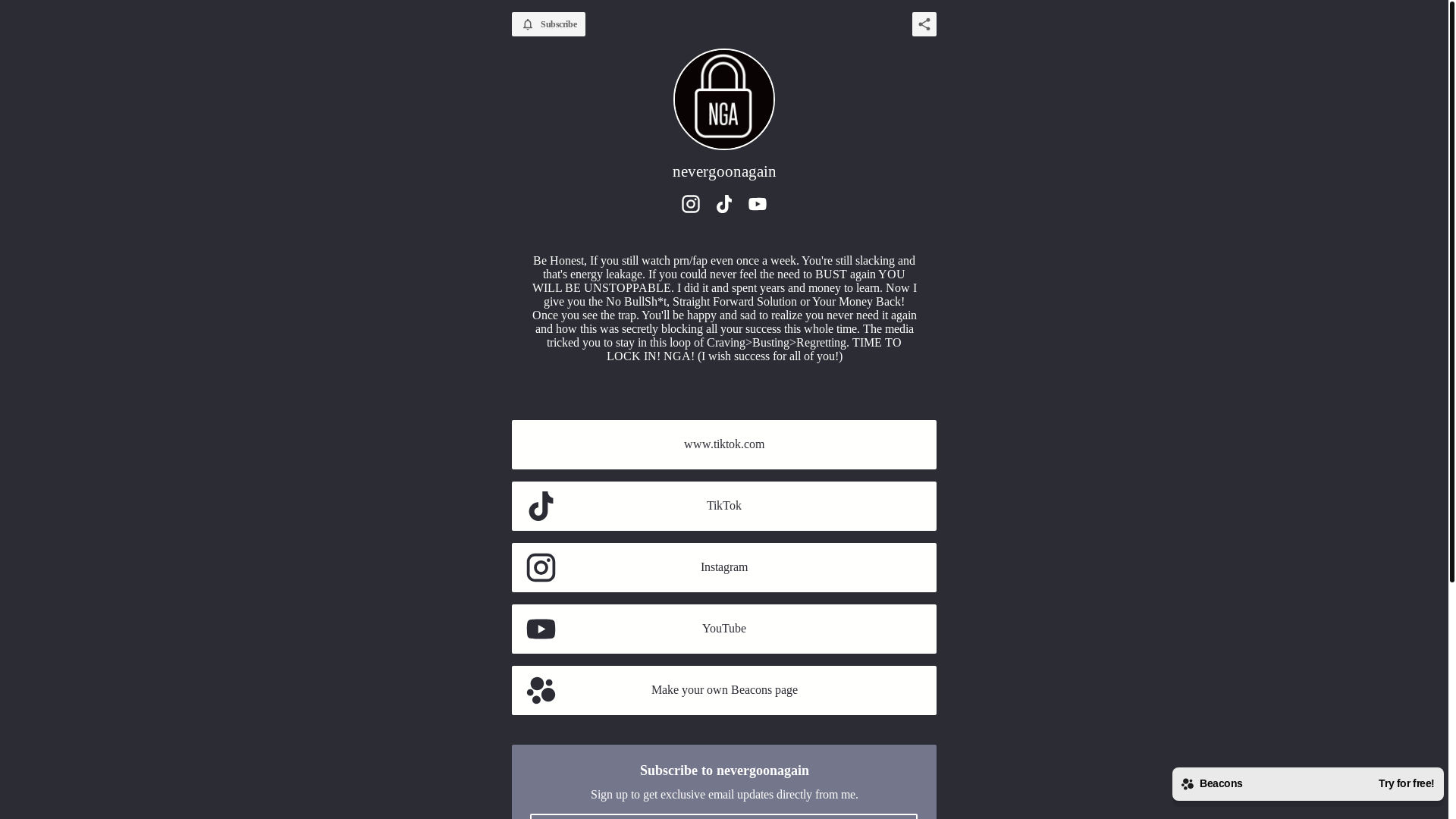 website screenshot of https://nevergoonagain.com/