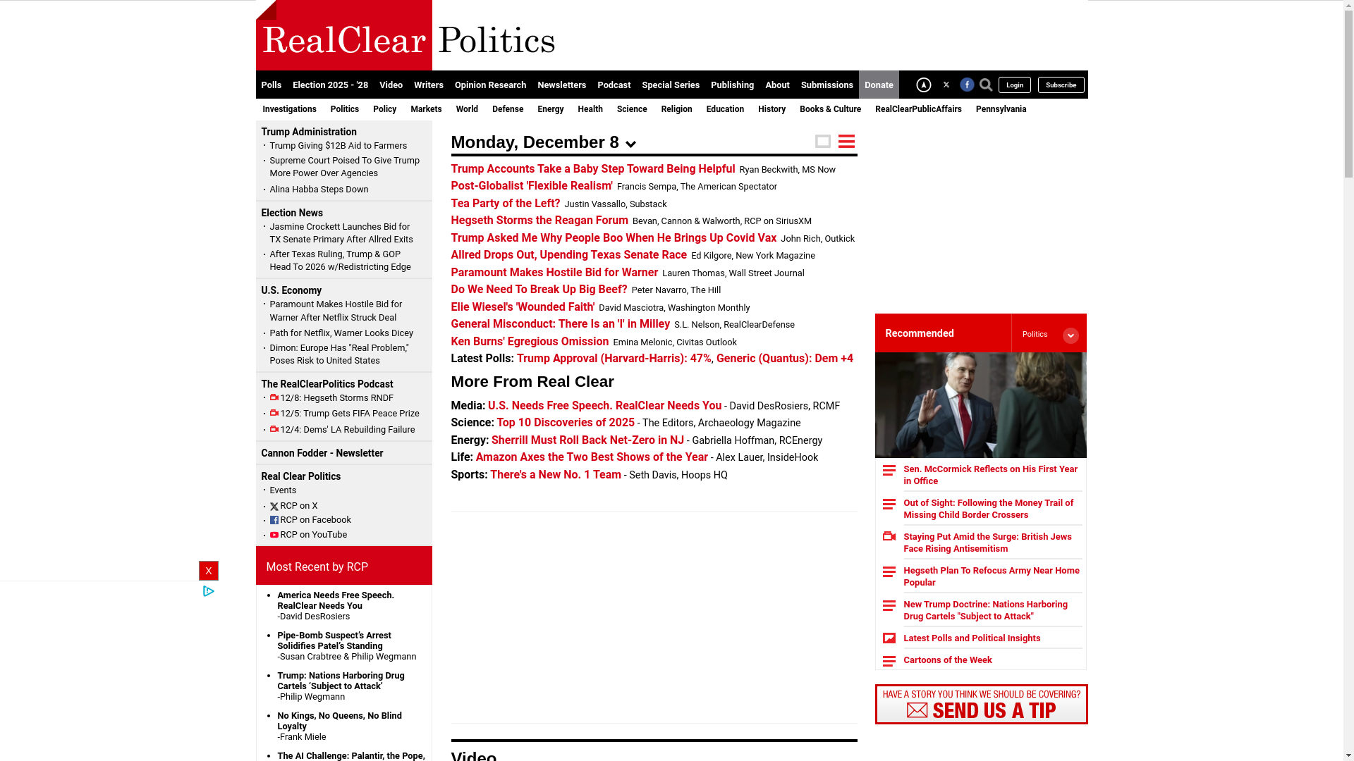 website screenshot of https://www.realclearpolitics.com/