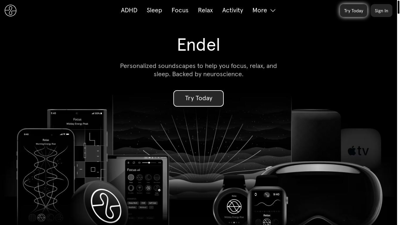 website screenshot of https://endel.io