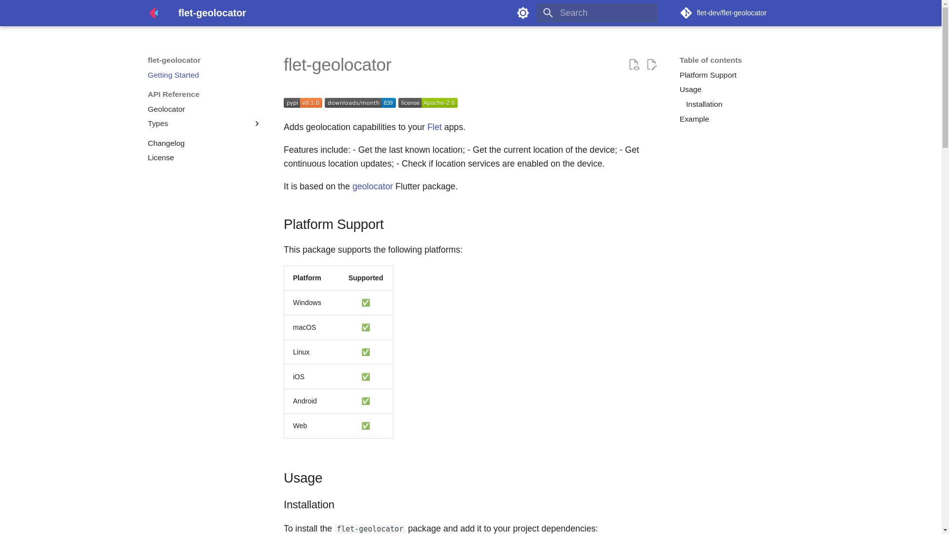 website screenshot of https://flet-geolocator-docs.pages.dev/