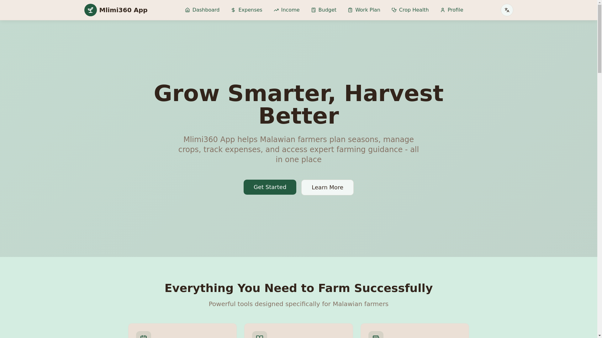 website screenshot of https://mlimi360app.com/