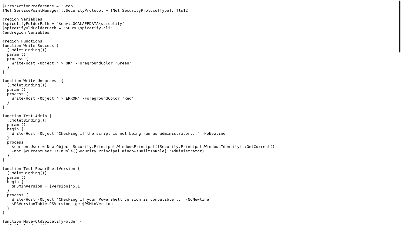 website screenshot of https://raw.githubusercontent.com/spicetify/cli/main/install.ps1