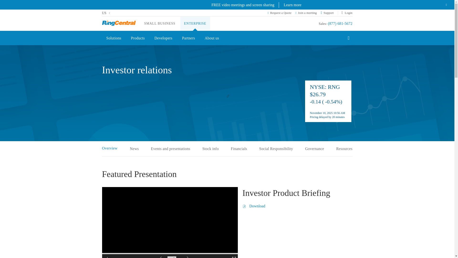 website screenshot of https://ir.ringcentral.com/home/default.aspx