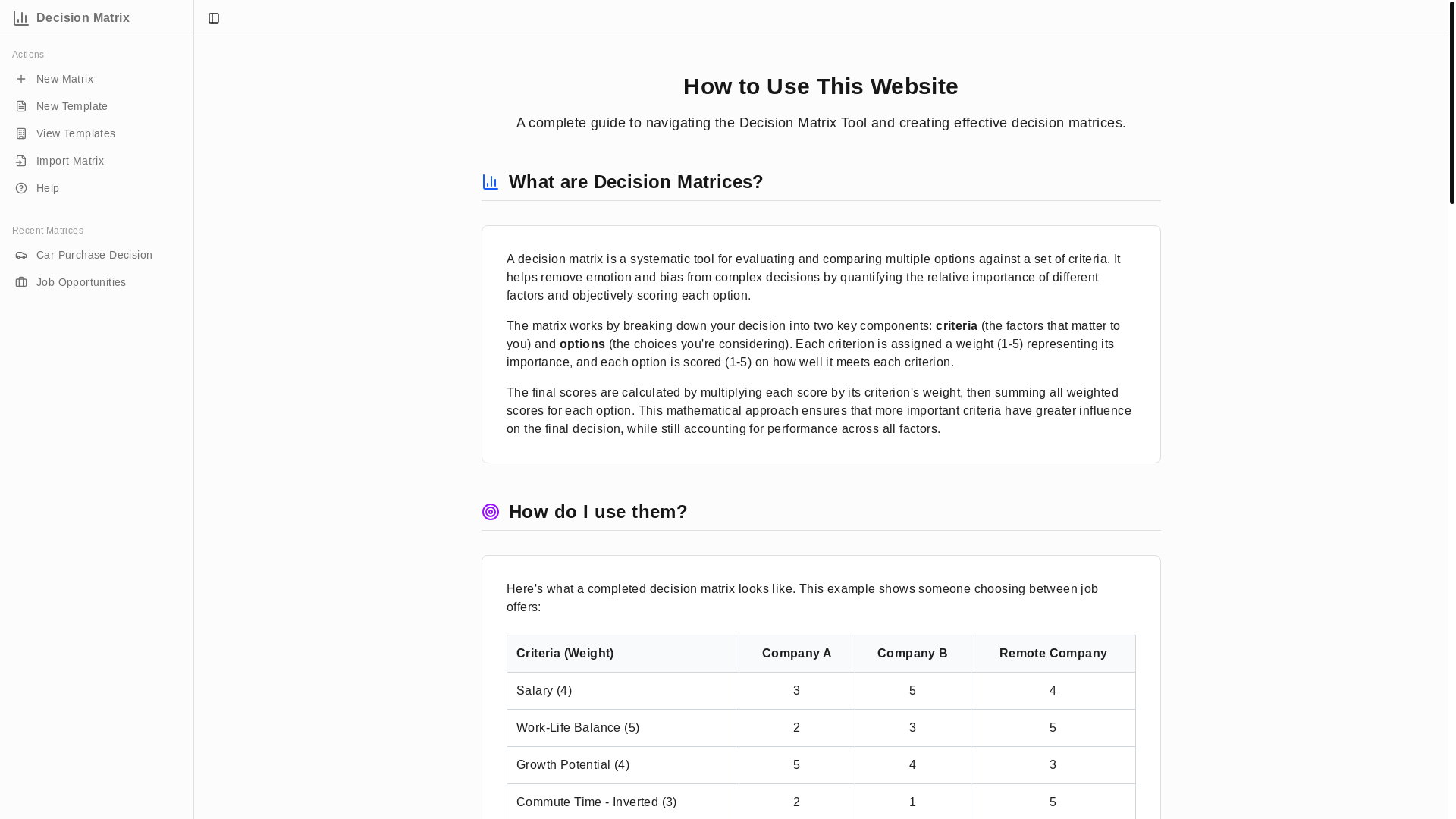 website screenshot of https://weightedmatrix.pages.dev/