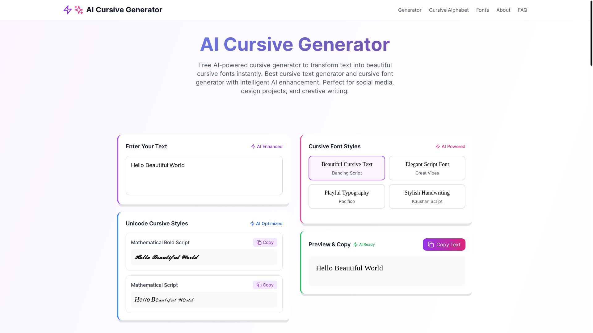 website screenshot of https://aicursivegenerator.com/