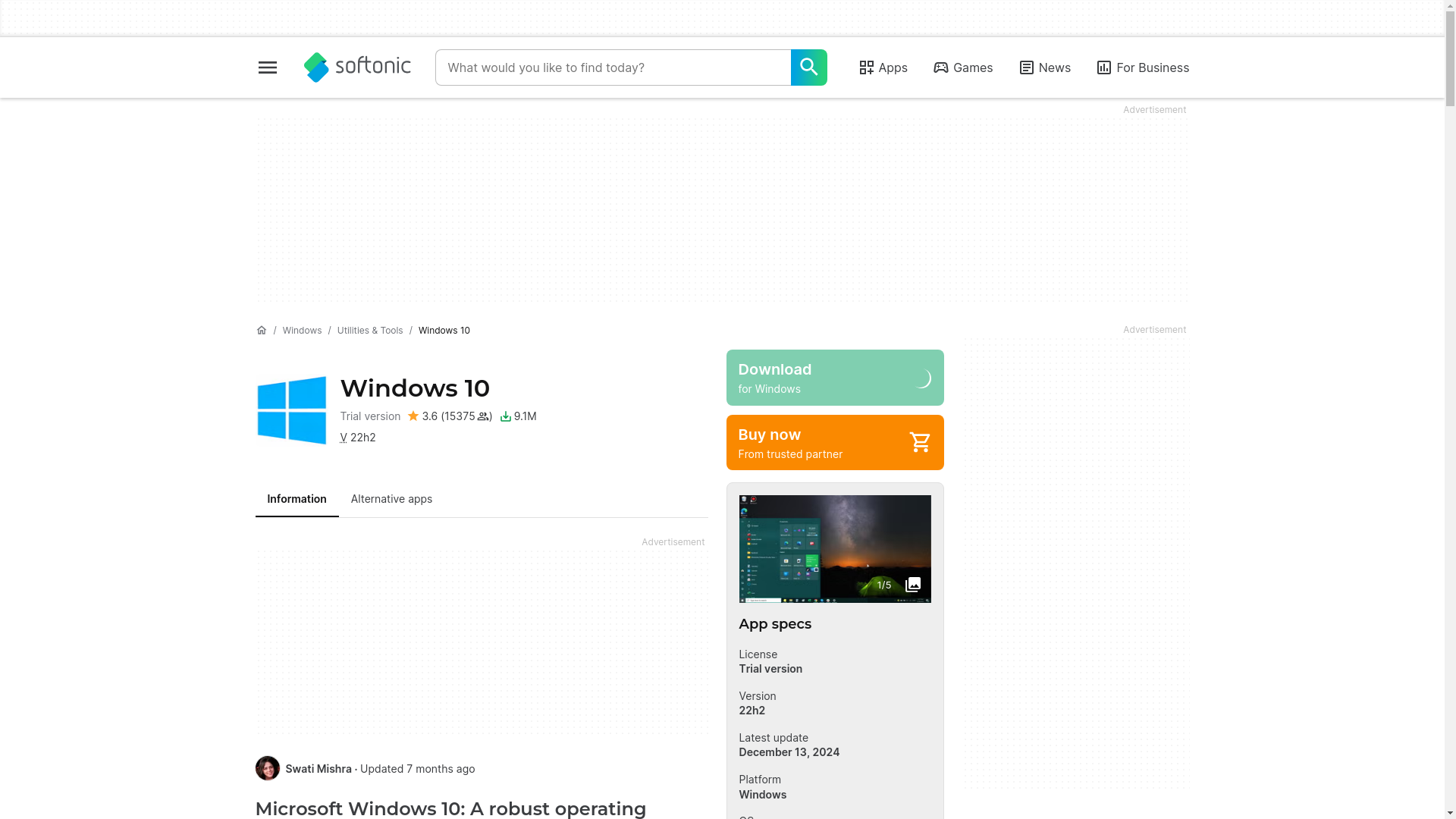 website screenshot of https://windows-10.en.softonic.com/