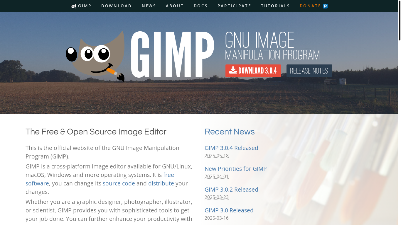 website screenshot of https://gimp.org/