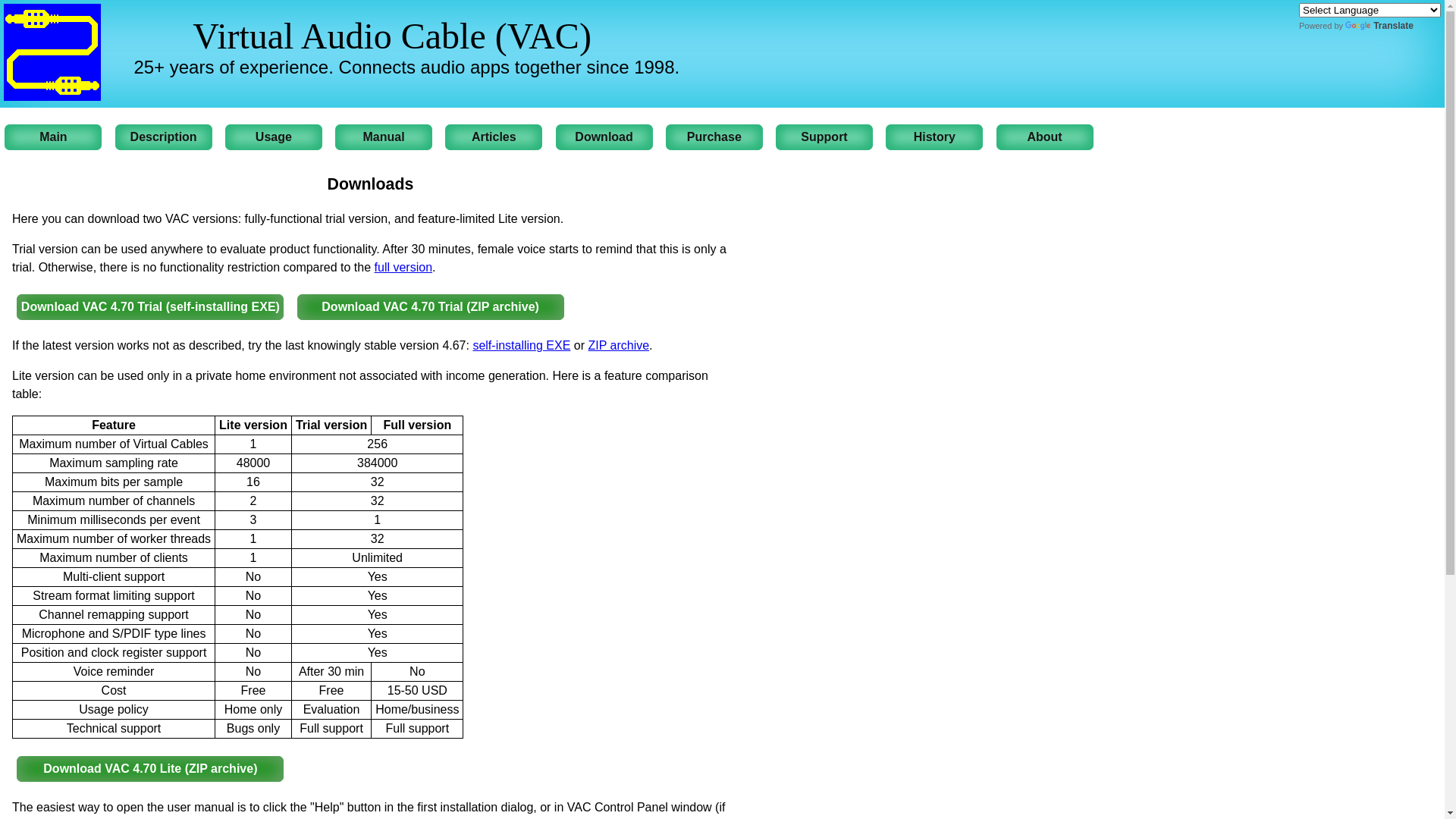 website screenshot of https://vac.muzychenko.net/en/download.htm