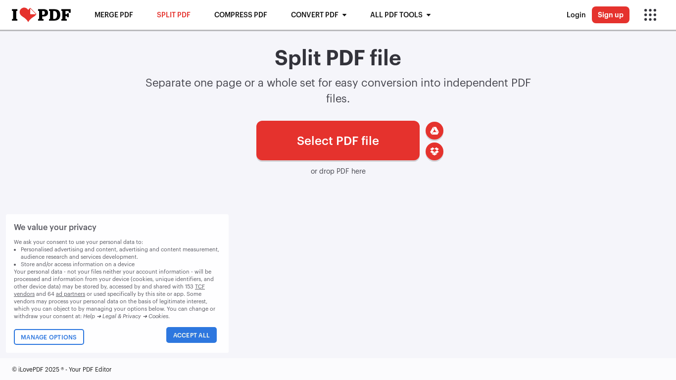 website screenshot of https://www.ilovepdf.com/split_pdf