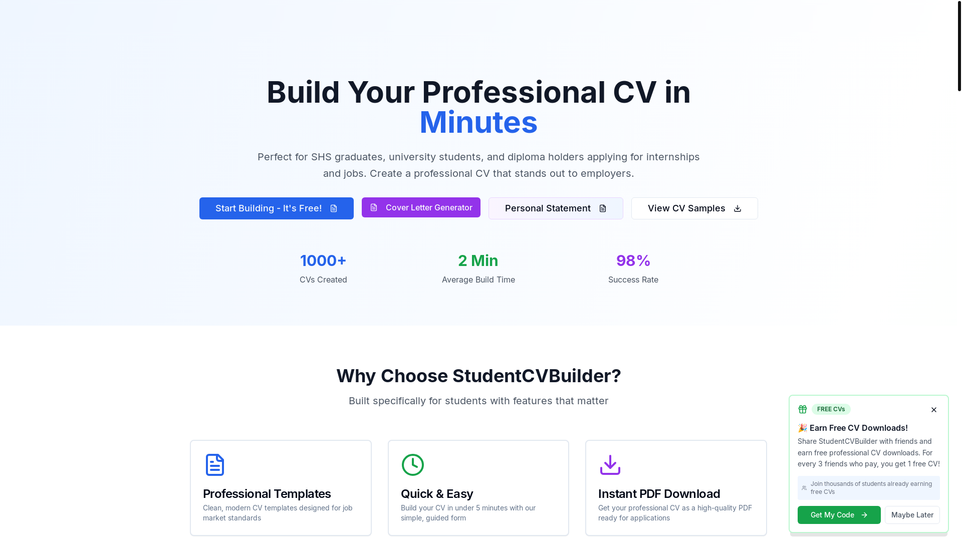 website screenshot of https://studentcvbuilder.com/