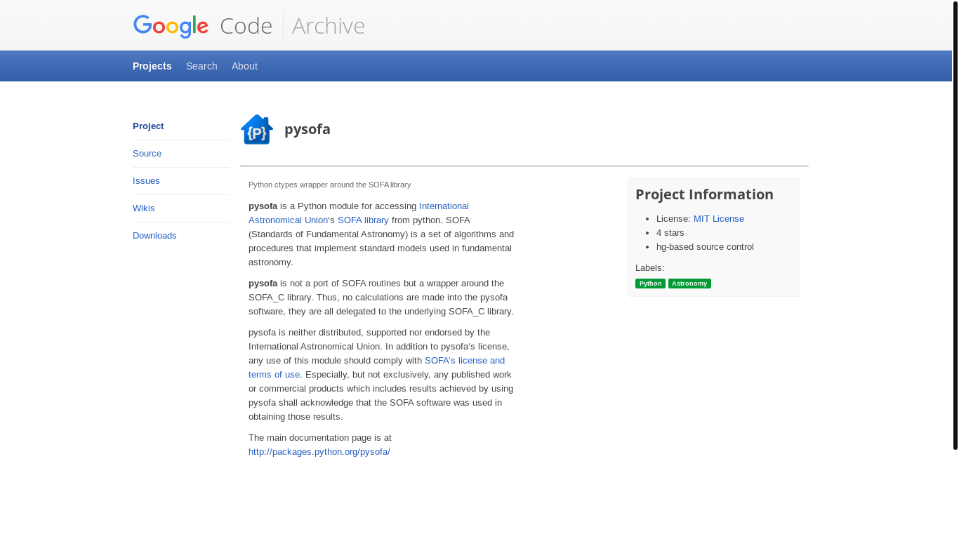 website screenshot of http://code.google.com/p/pysofa/